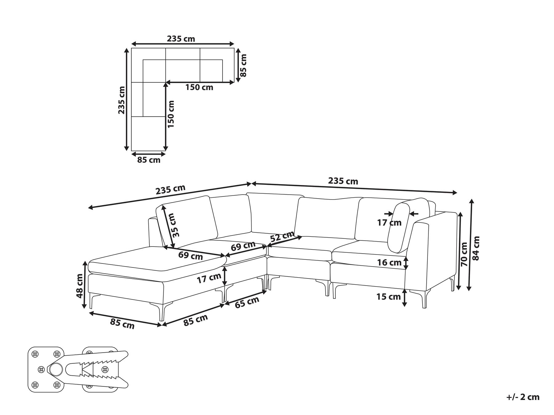 Modul Ecksofa 4-Sitzer EVJA mit Ottomane Samtstoff Marineblau rechtsseitig_859987