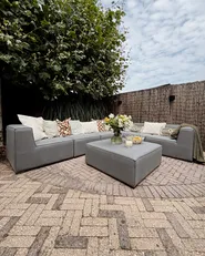 Garten Ecksofa mit Ottomane 7-Sitzer AREZZO modular Grau rechtsseitig_1012348