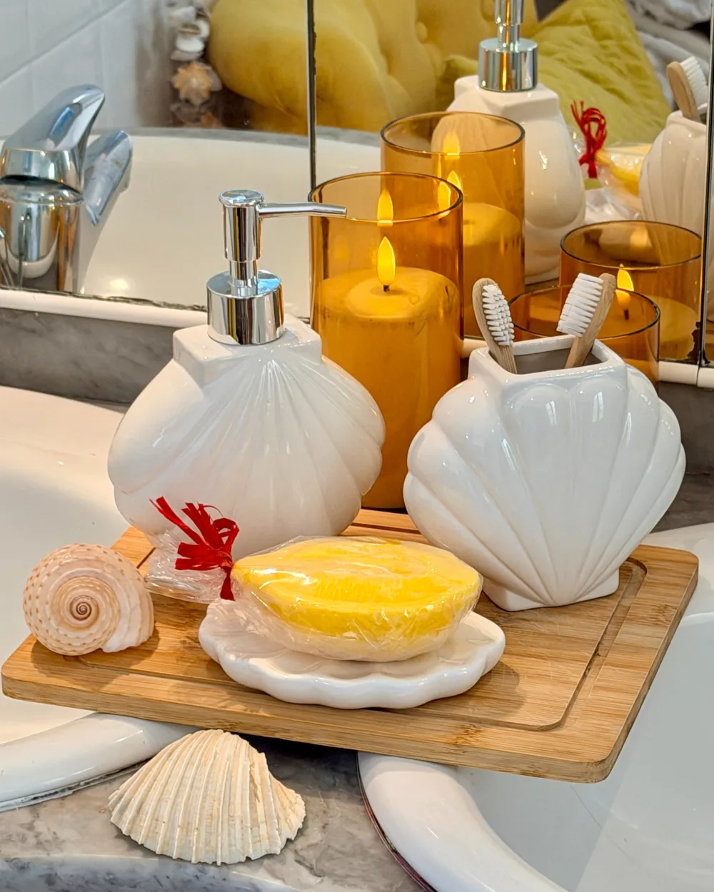 Badaccessoires Set 3-teilig SHELL Keramik Weiß