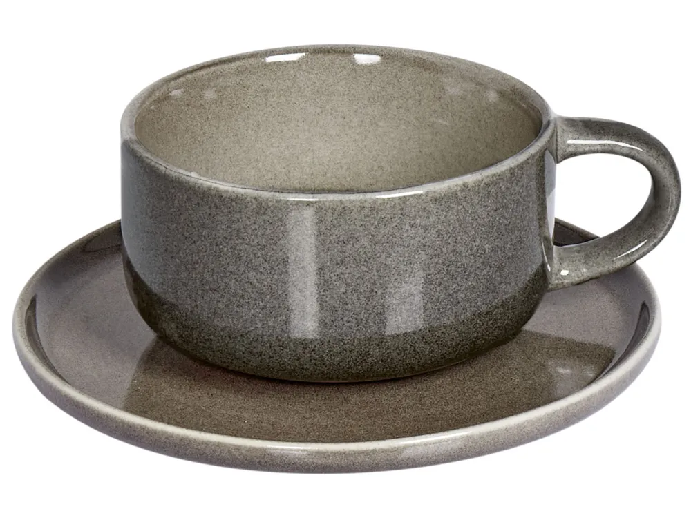 Tassen 4er Set mit Untertellern COSTMARY Steinzeug Grau_957344