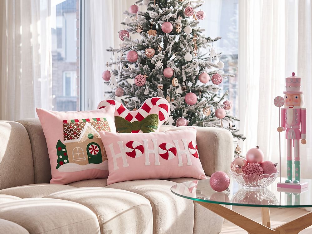 Komplet 3 dekorativnih blazin VELLYN 30 x 50 cm 45 x 45 cm Bombaž Roza Božični vzorec