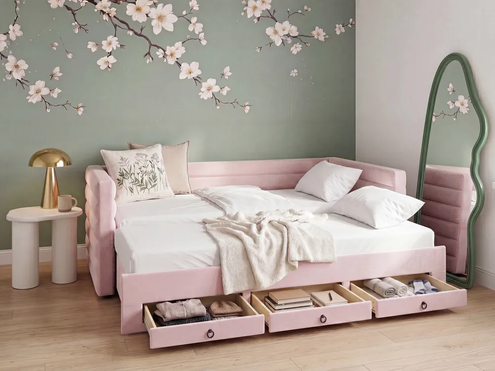 Tagesbett mit Stauraum Samtstoff MEUDON 90 x 200 cm Pastellrosa_1069115
