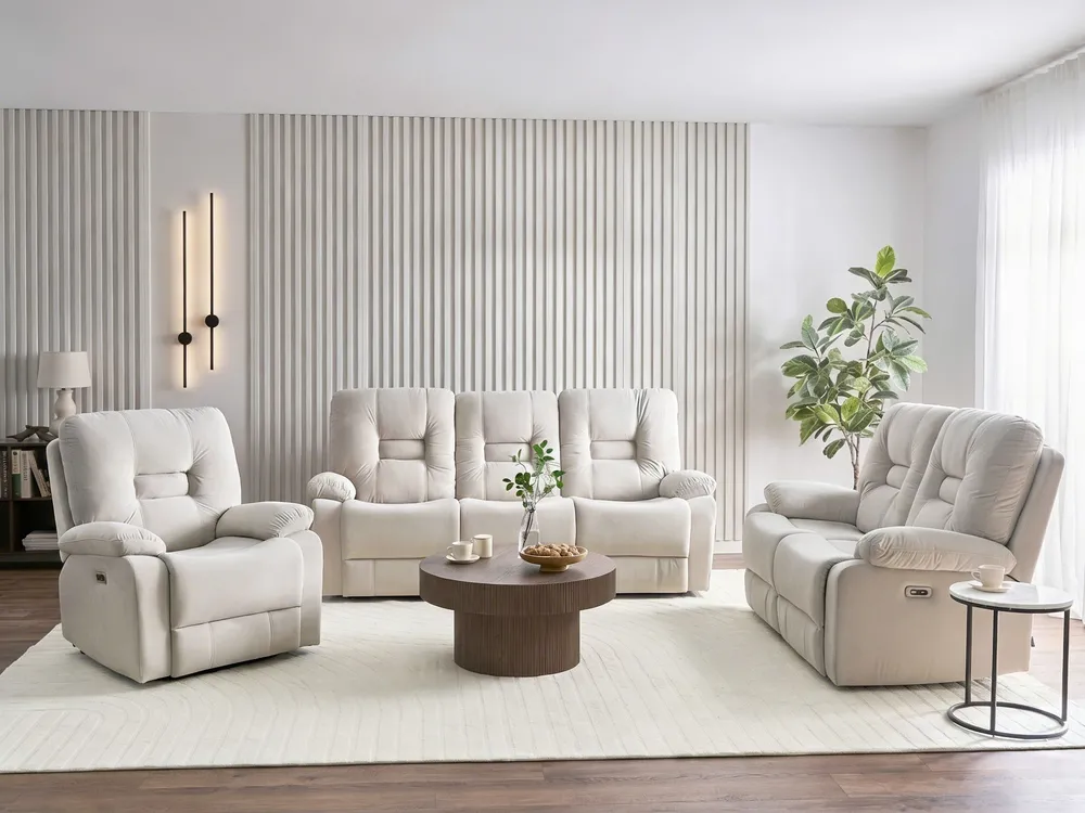 Electric Recliner Sofa 3 Seater BERGEN with USB Port Velvet Light Beige_1064935