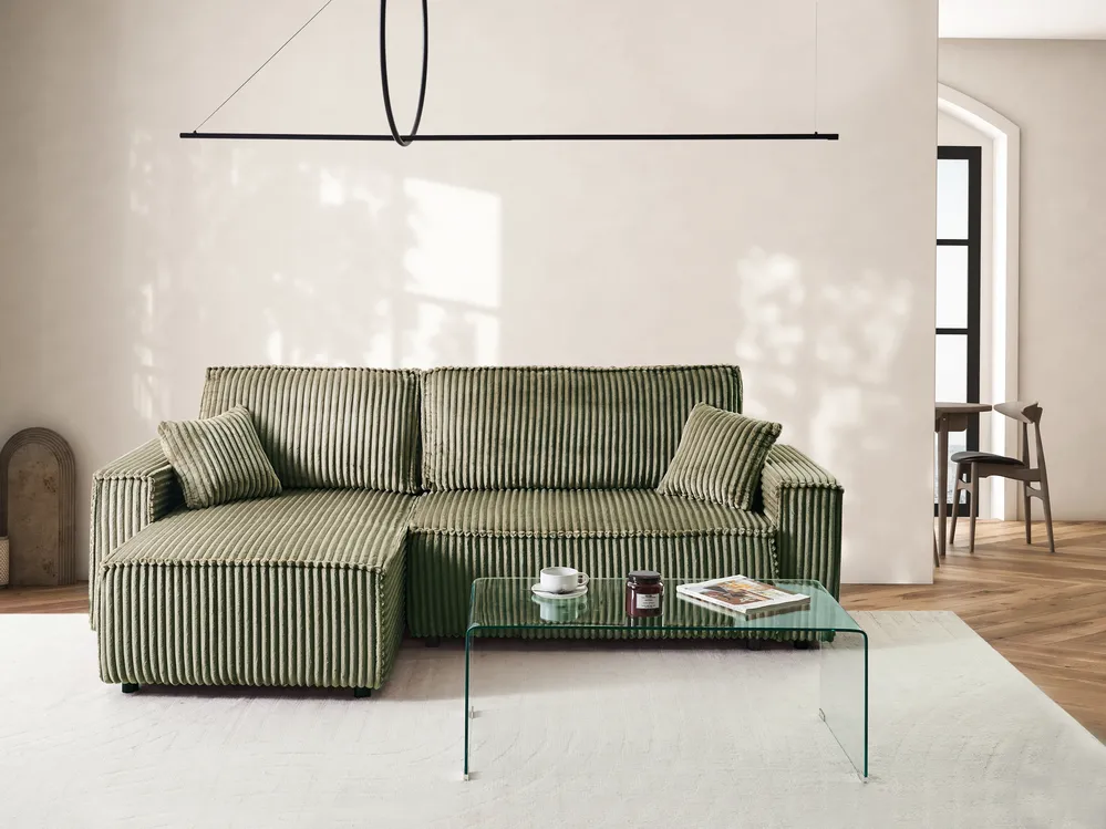 Eckschlafsofa 3-Sitzer ABACKA mit Stauraum Cord Grün rechtsseitig