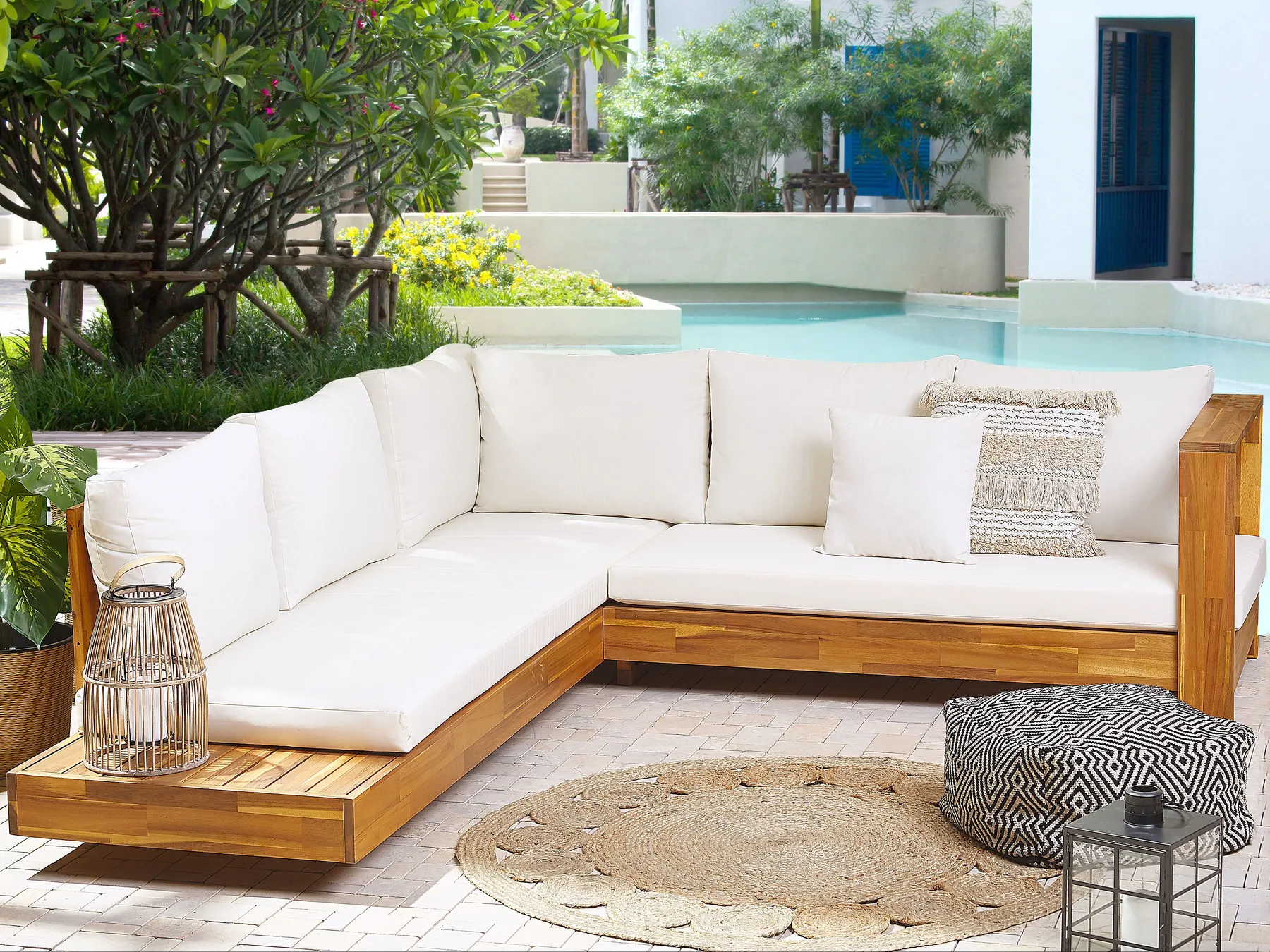 Garten Ecksofa 5-Sitzer MARETTIMO zertifiziertes Akazienholz Cremeweiß linksseitig_794661