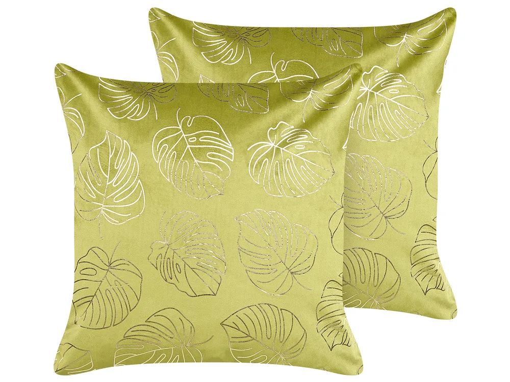 Dekokissen 2er Set DELICIOSA 45 x 45 cm Samtstoff Hellgrün Pflanzenmuster