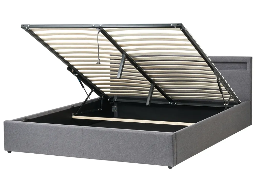 Ottoman Bed with LED ARMELLE Fabric Dark Grey 180 x 200 cm (EU Super King)