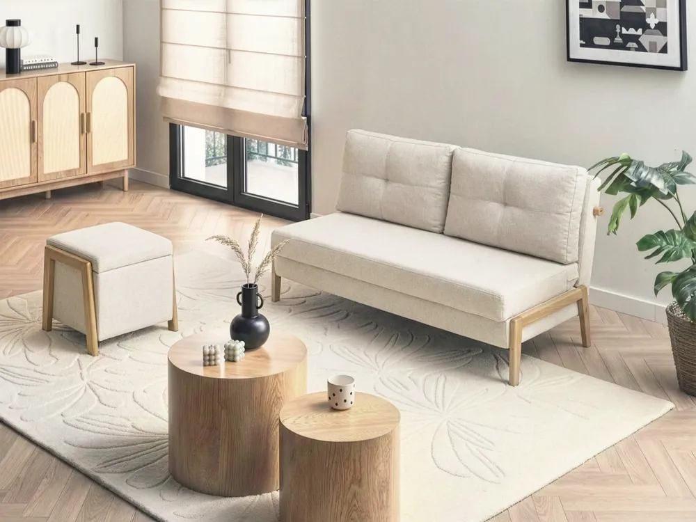 Sofa Set 3-Sitzer EDLAND mit Pouf Stoff Hellbeige