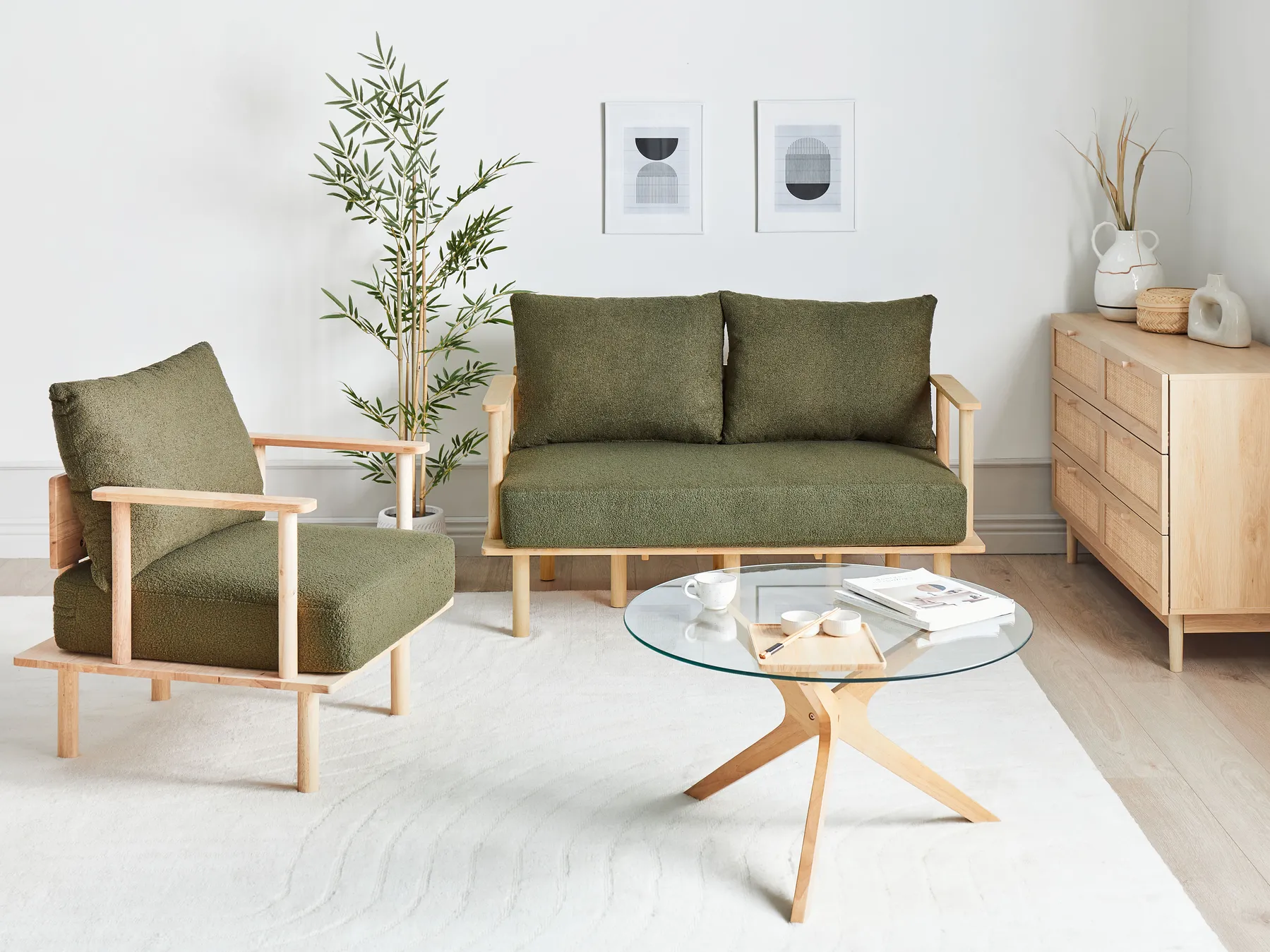 Living Room Set 3 Seater ASKER Boucle Dark Green_932664