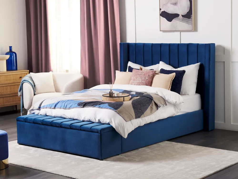 Waterbed with Storage Bench NOYERS Velvet Blue 140 x 200 cm (EU Double)