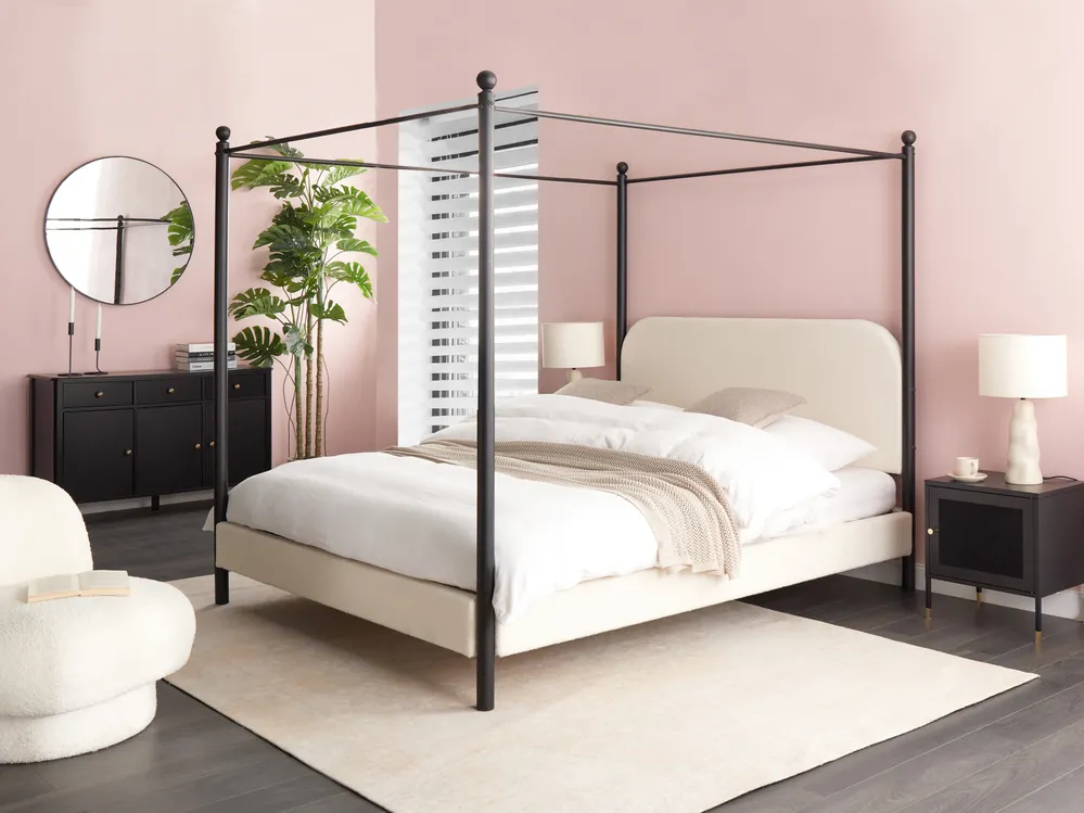 Four Poster Bed Boucle DANNEMOIS 160 x 200 cm (EU King Size) Off-White