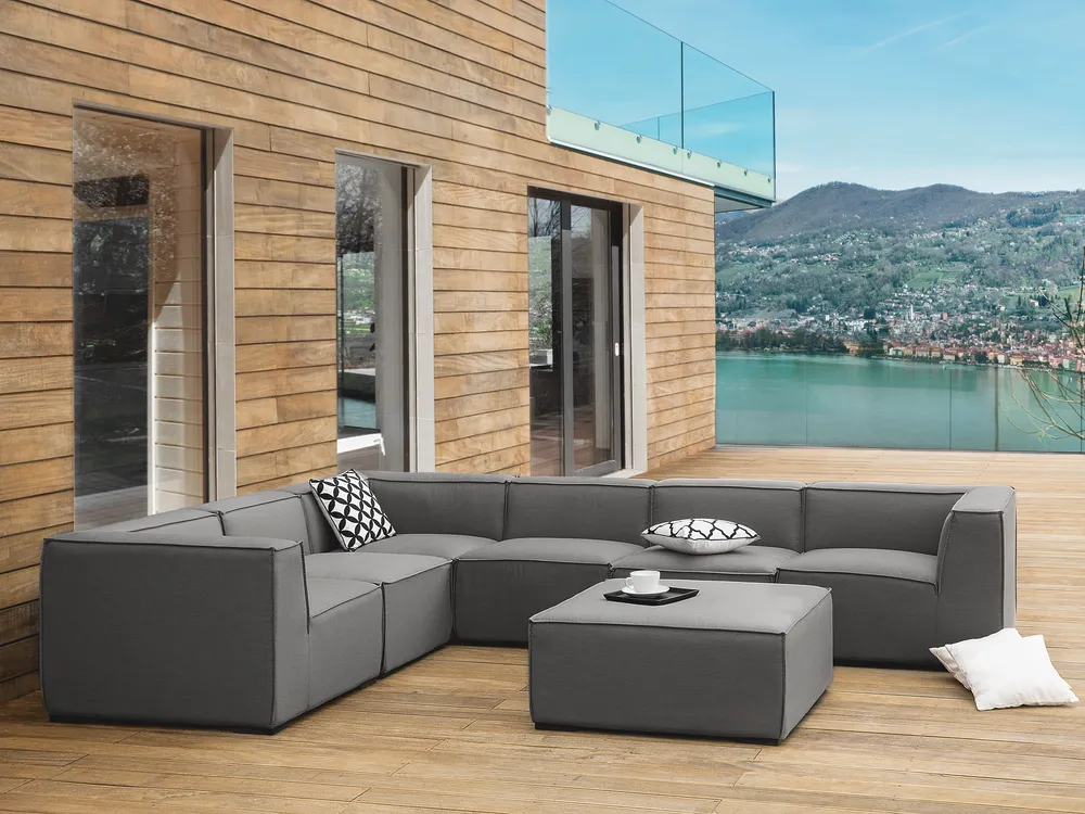 Garten Ecksofa mit Ottomane 7-Sitzer AREZZO modular Grau rechtsseitig