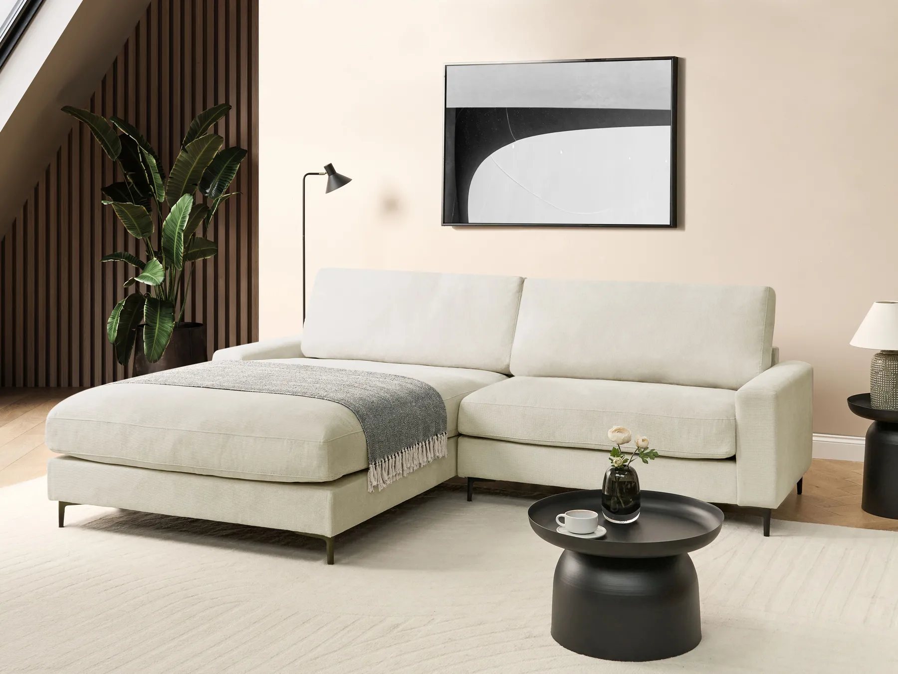 Ecksofa 3-Sitzer MALOY Chenillegewebe Cremeweiß rechtsseitig_893679