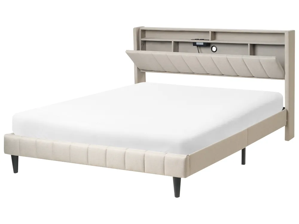 Bett mit LED BEAULIEU Stoff Beige 160 x 200 cm mit Stauraum mit USB-Anschluss_993535