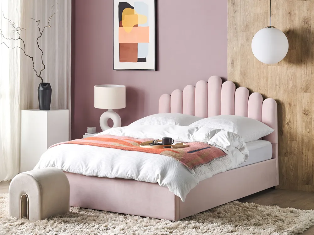 Polsterbett Samtstoff pastellrosa mit Bettkasten hochklappbar verschiedene Größen VINCENNES