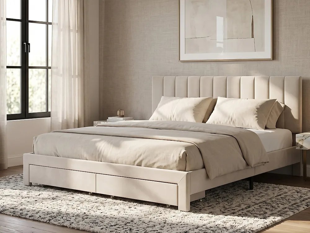 Bett mit Schubladen LONZAC Samtstoff Cremeweiß 180 x 200 cm_1175262