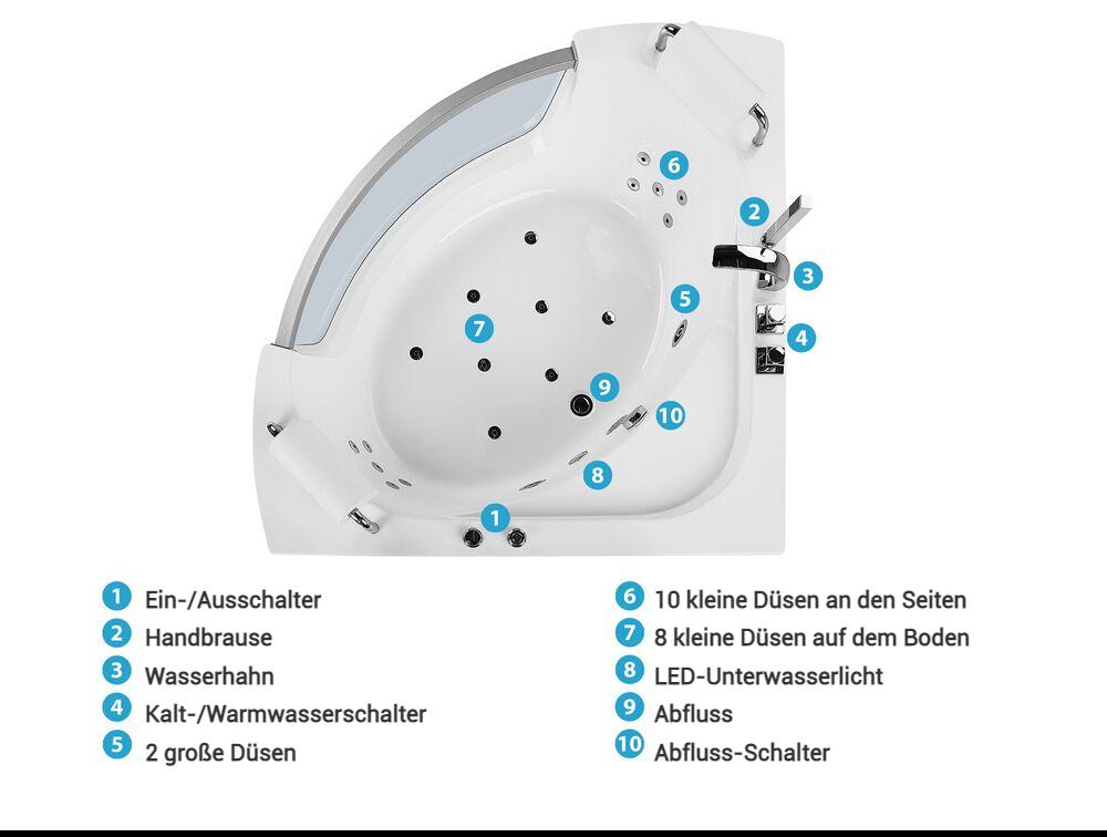 Whirlwanne Eckmodell mit LED MANGLE 201 x 150 cm Weiß_807032