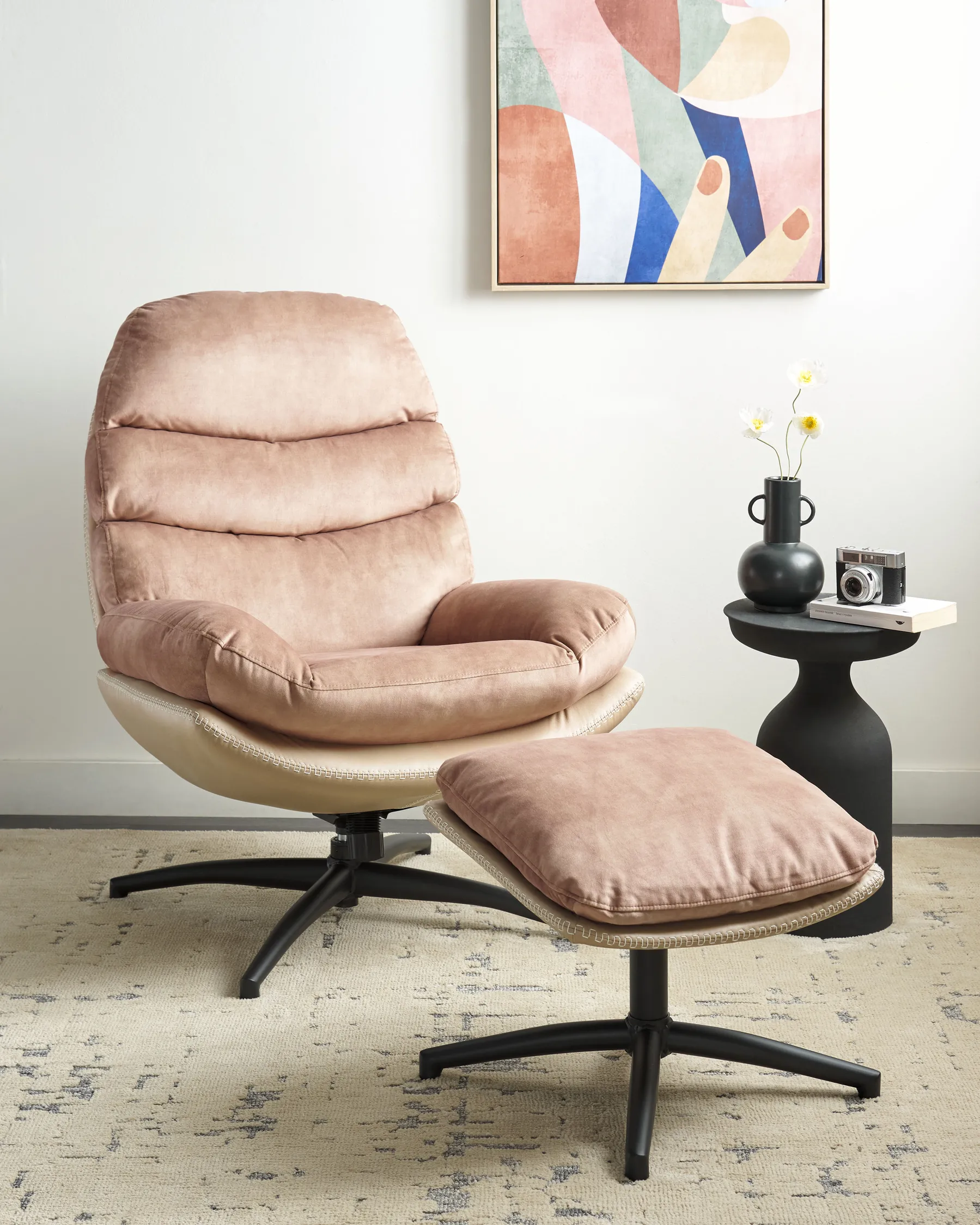 Drehsessel EIDE mit Fußstütze Samtstoff Sandbeige_923447