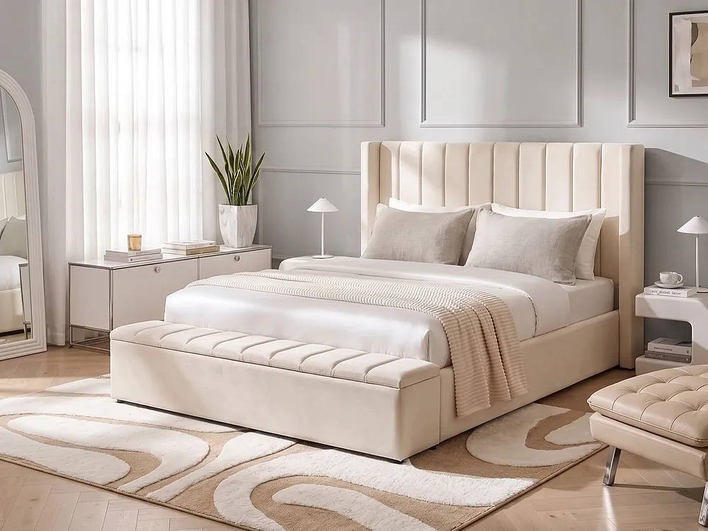 Bett mit Stauraumbank NOYERS Samtstoff Cremeweiß 180 x 200 cm_1156397