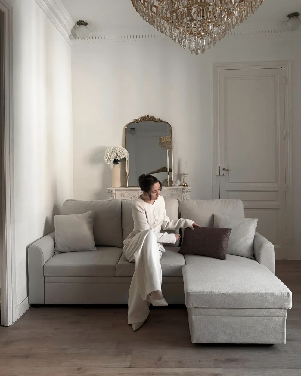 Corner Sofa Bed 3 Seater NASSJO Faux Linen Off-White Left Hand_1072280