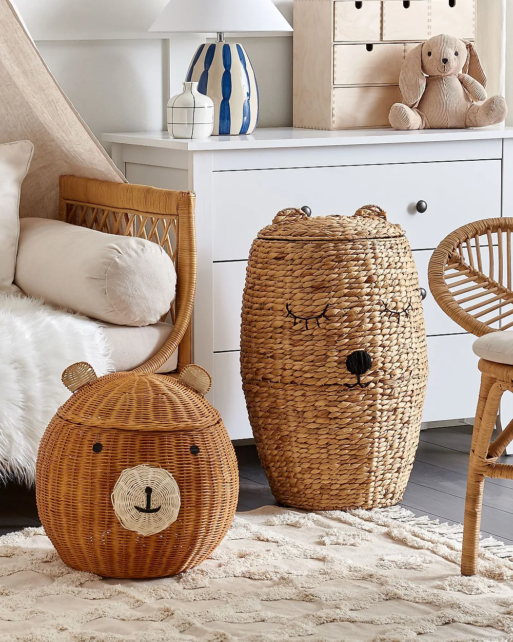 Kinder Aufbewahrungskorb Teddybär HIMBA Rattan Naturfarben