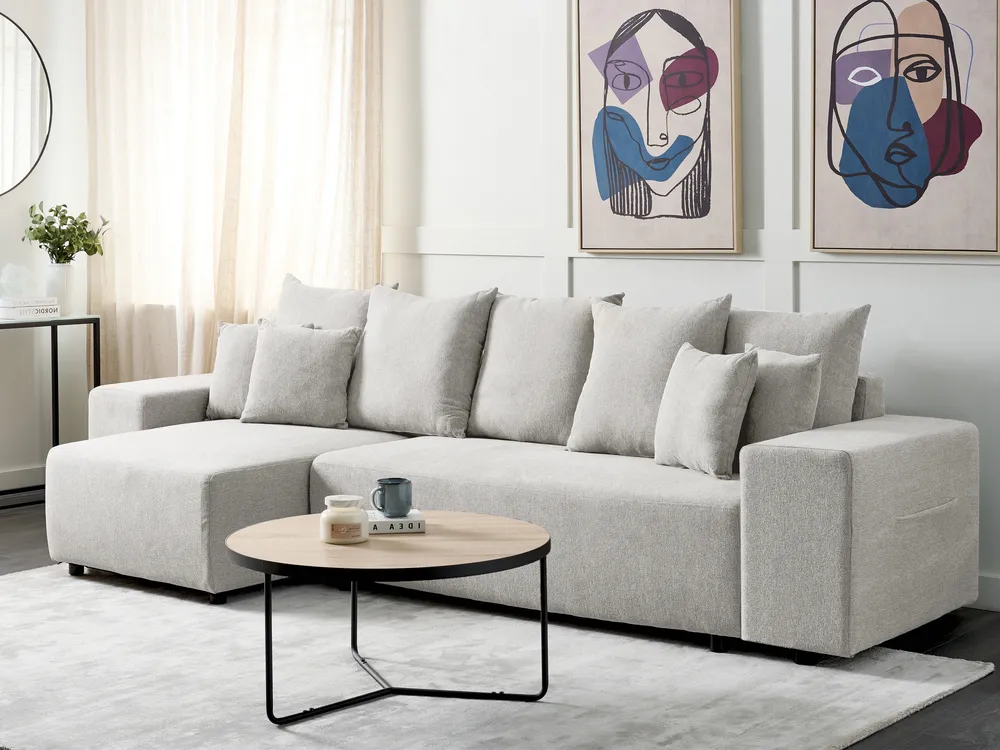 Eckschlafsofa 3-Sitzer LUSPA mit Stauraum Stoff Hellgrau rechtsseitig