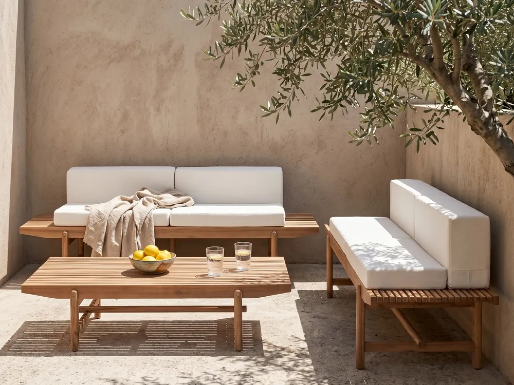 Lounge Set mit Tisch 4-Sitzer GIAVENO Akazienholz Cremeweiß