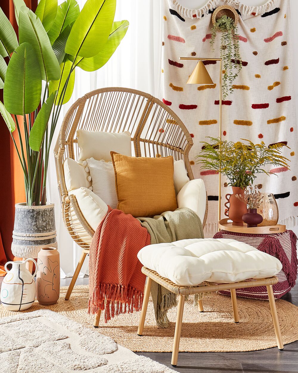 Bohemian Style Boho Cushion Chair PE Rattan Garden Chair With