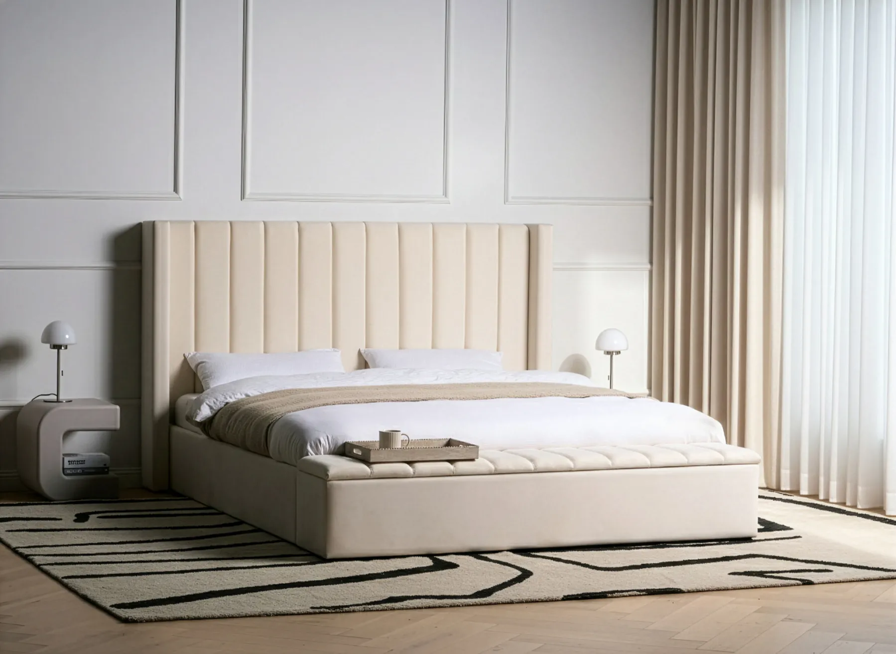 Wasserbett mit Stauraumbank NOYERS Samtstoff Cremeweiß 180 x 200 cm_1036842