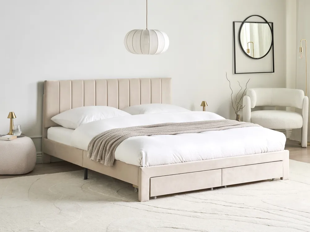 Bett mit Schubladen LONZAC Samtstoff Beige 160 x 200 cm_1014701