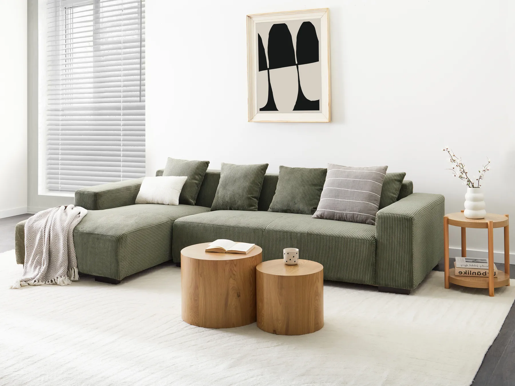 Corner Sofa 4 Seater LUNGO Corduroy Green Right Hand_962311