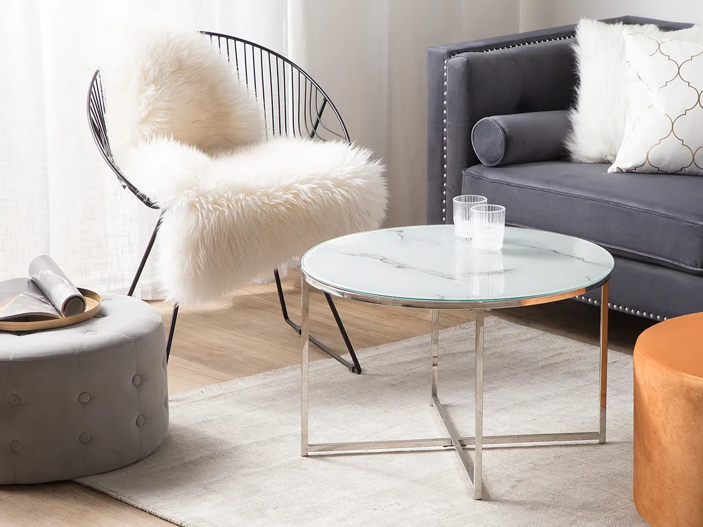 Couchtisch QUINCY Sicherheitsglas Marmor Optik / Silber