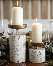 Kerzenständer 2er Set KAENGAN 13/24 cm Stein Terrazzo Optik Gold_953798