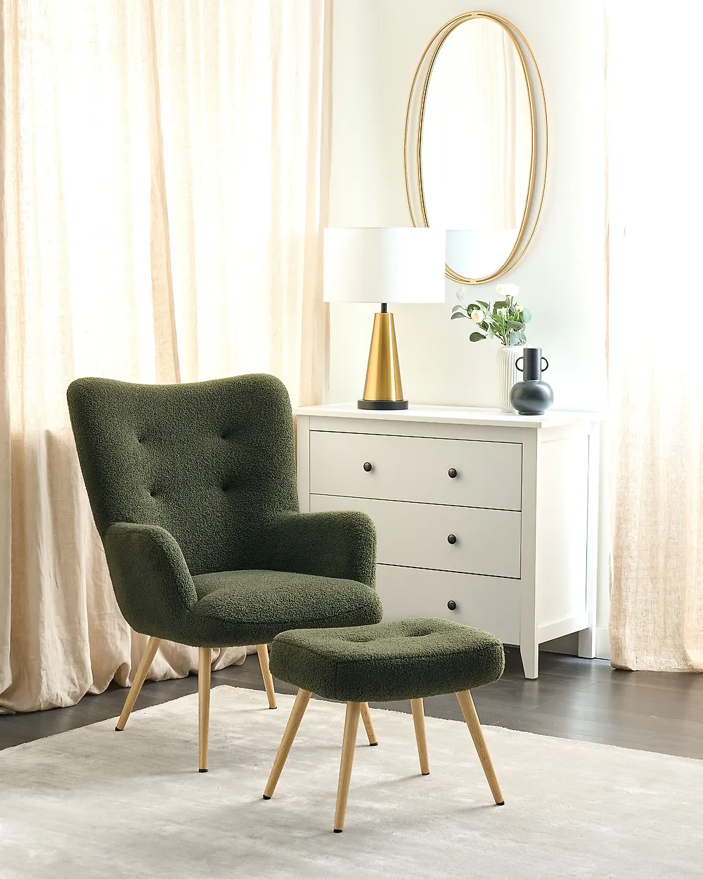 Wingback Chair VEJLE with Footstool Boucle Dark Green_1178797