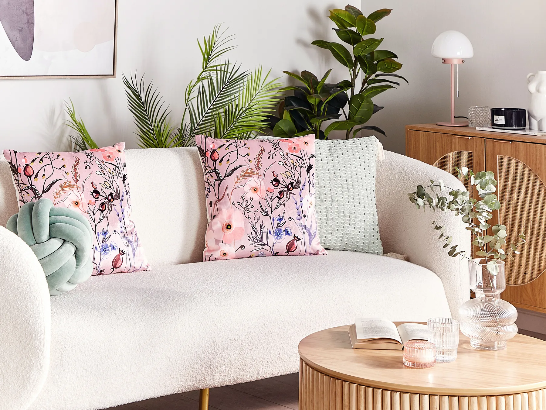 Dekokissen 2er Set ANEMONES 45 x 45 cm Samtstoff Pastellrosa Blumenmuster_854582