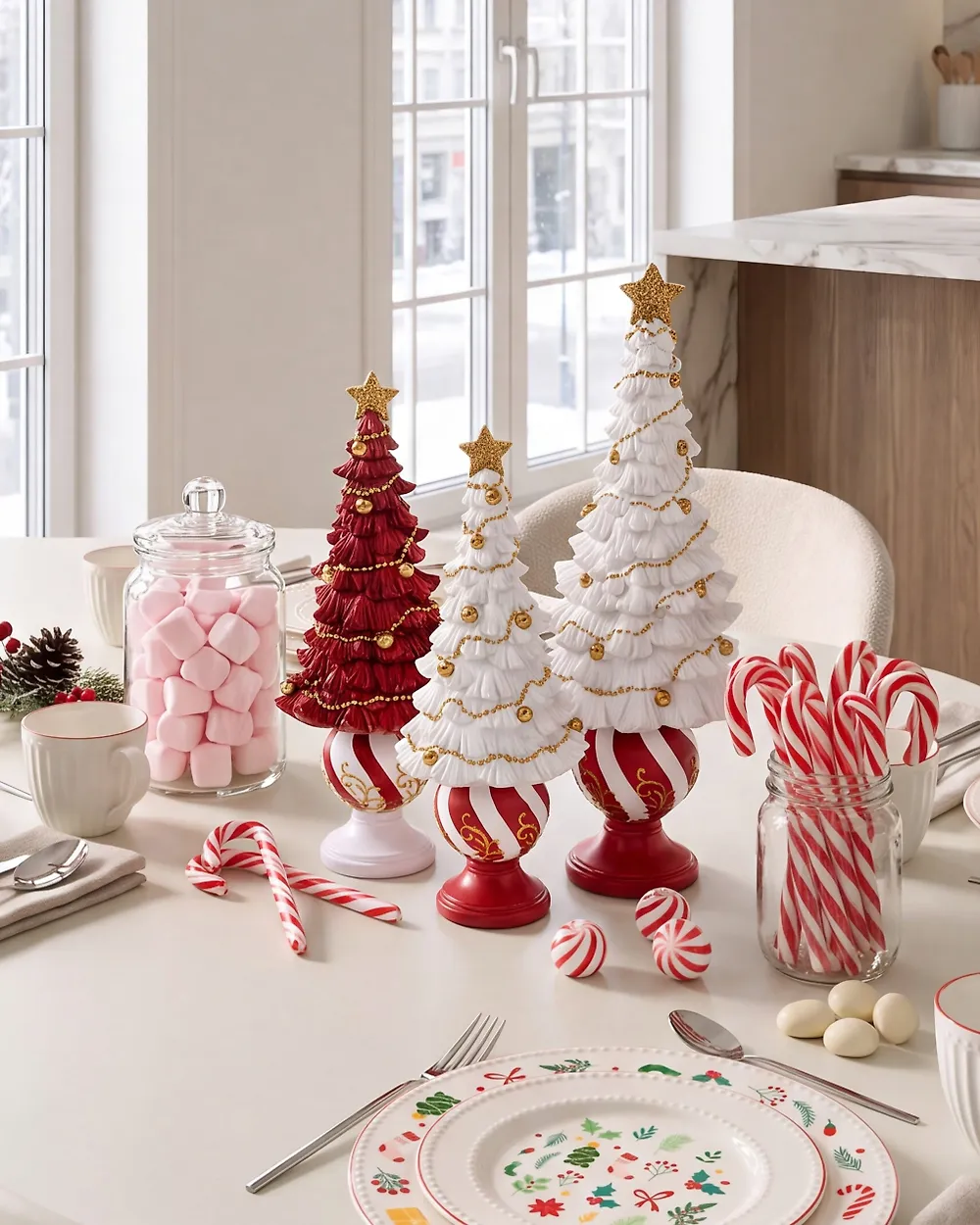 Set van 3 kerstdecoraties HITIS 32/32/40 cm Kerstboom Rood/wit