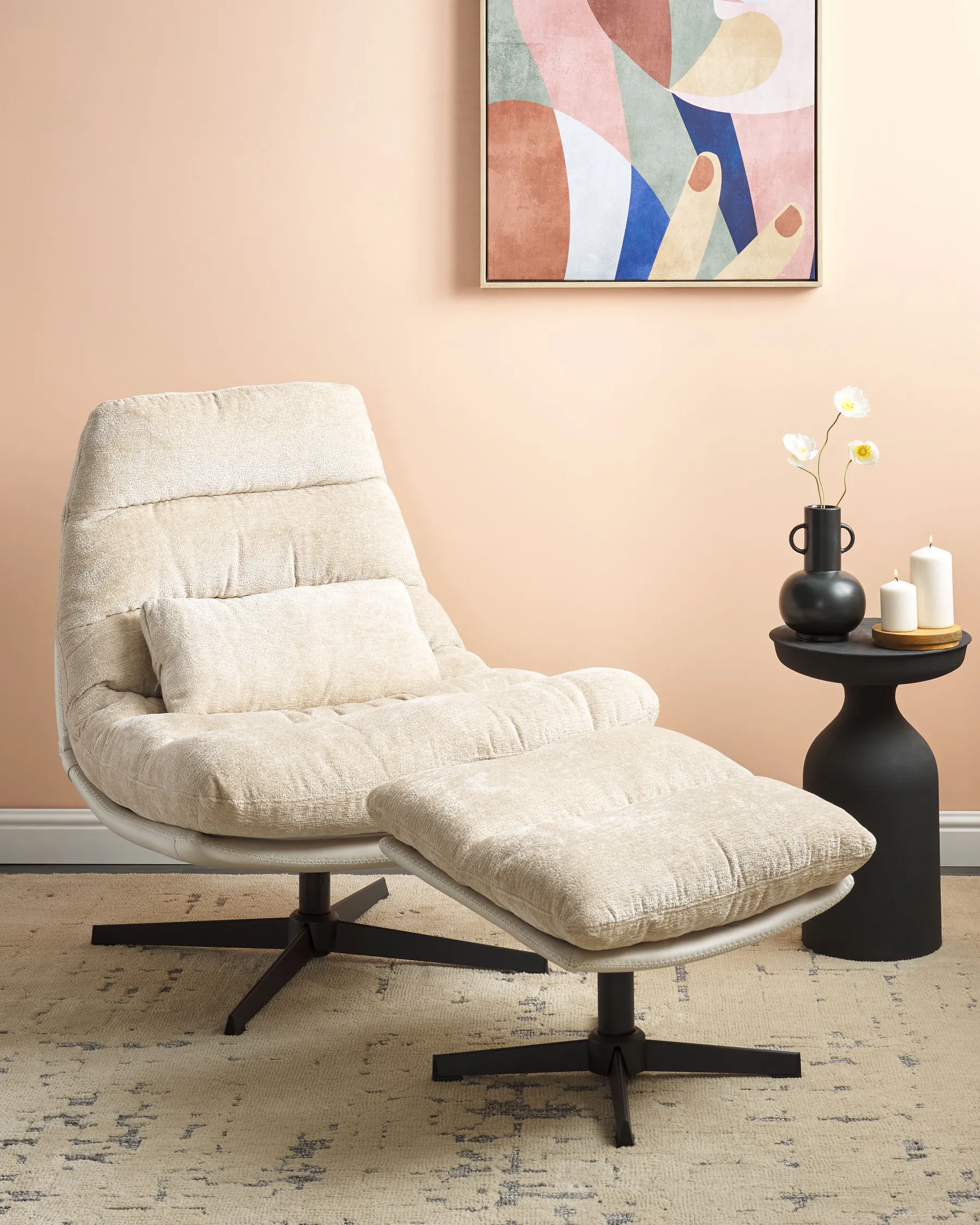 Drehsessel TOVIK mit Fußstütze Chenillegewebe Hellbeige_923358