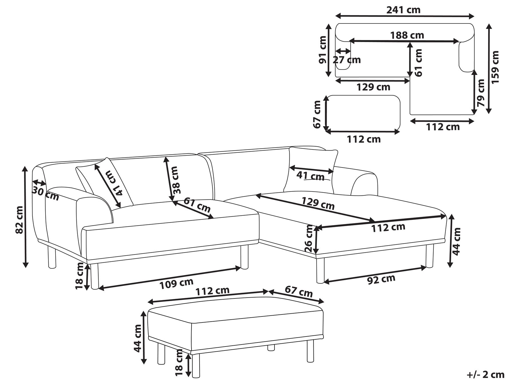 Ecksofa 3-Sitzer HOLT mit Ottomane Stoff Hellgrau linksseitig_960557