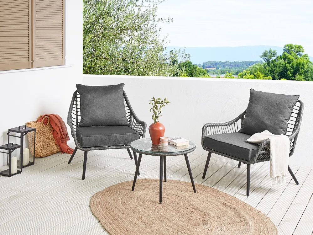 Bistro Set inkl. Kissen LAURETO Polyrattan Grau