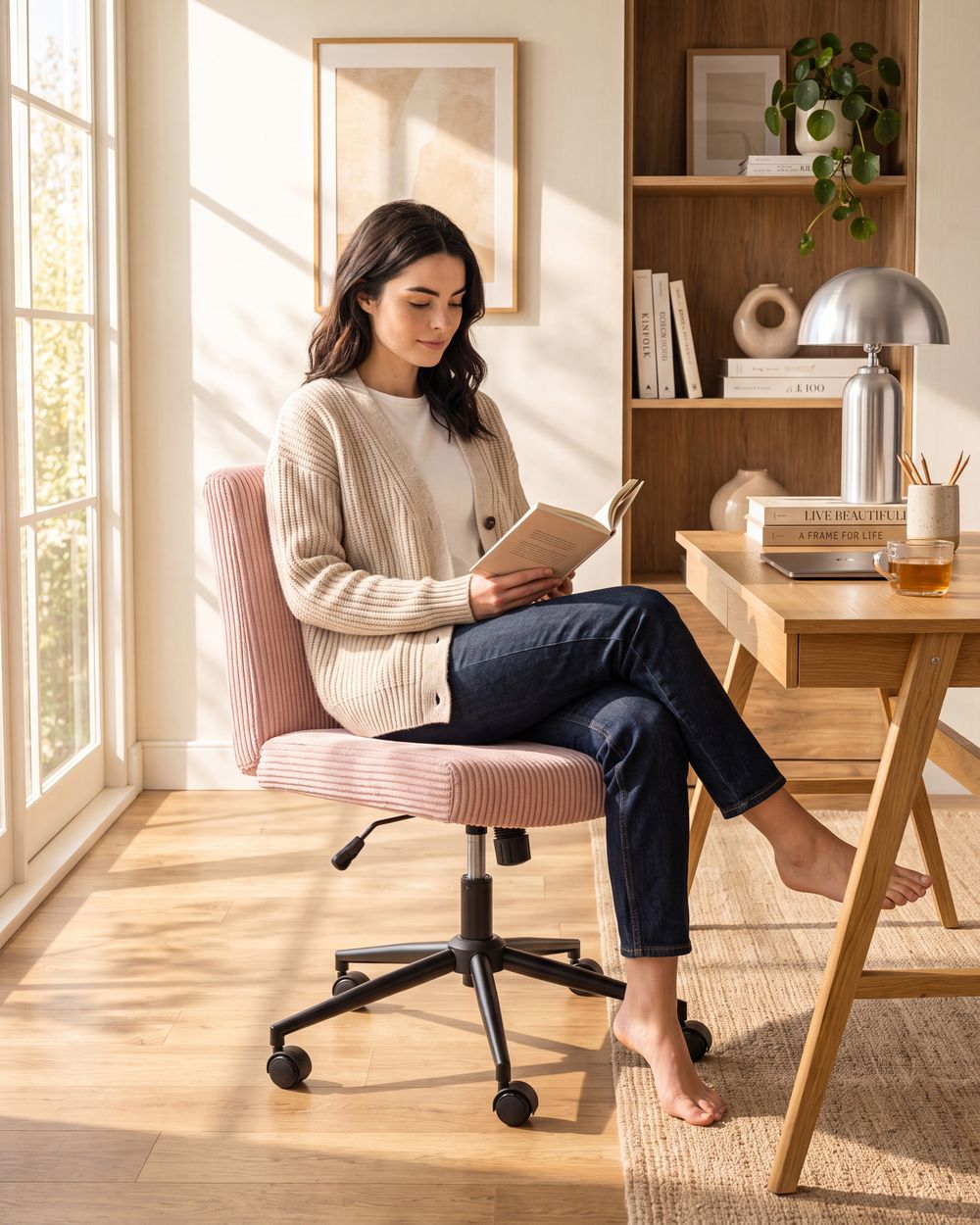 Chaise de bureau GEDDES Velours côtelé Rose pastel
