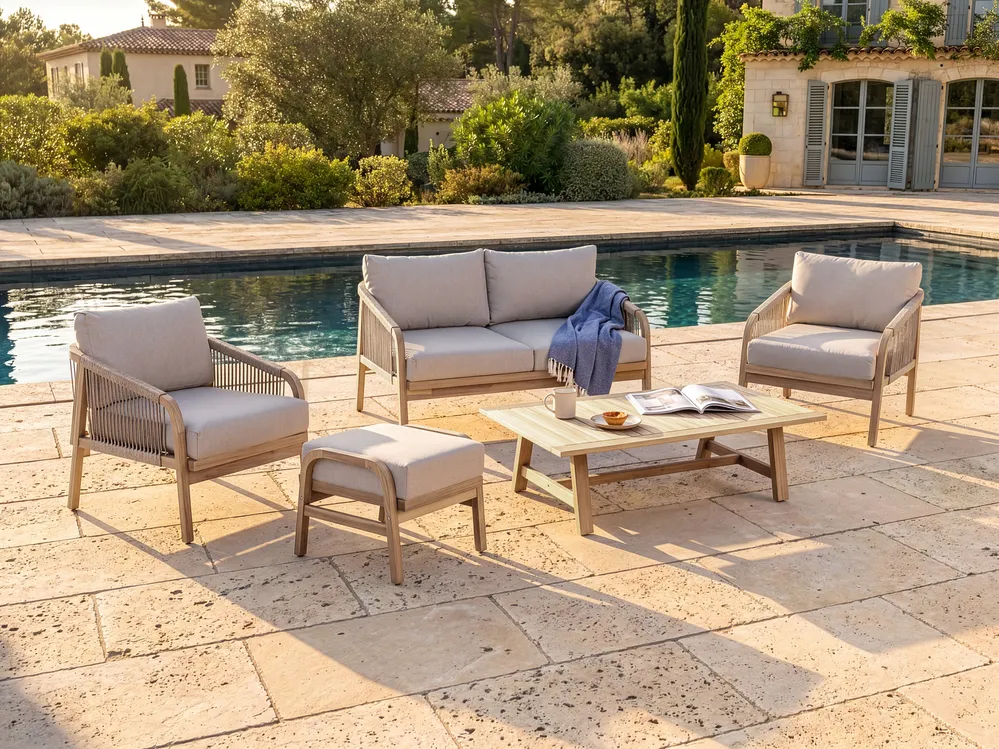 Lounge Set mit Tisch und Ottomane 4-Sitzer SUMBA Akazienholz Hellbraun