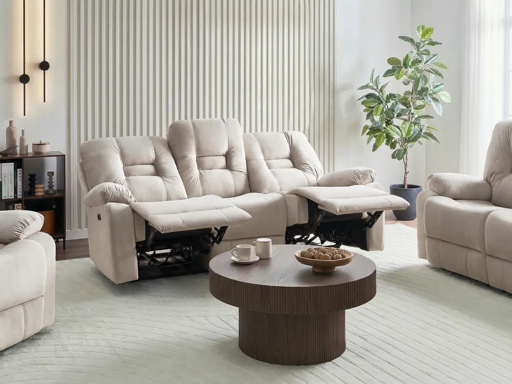 Sofa elektrisch verstellbar 3-Sitzer BERGEN mit USB-Anschluss Samtstoff Hellbeige