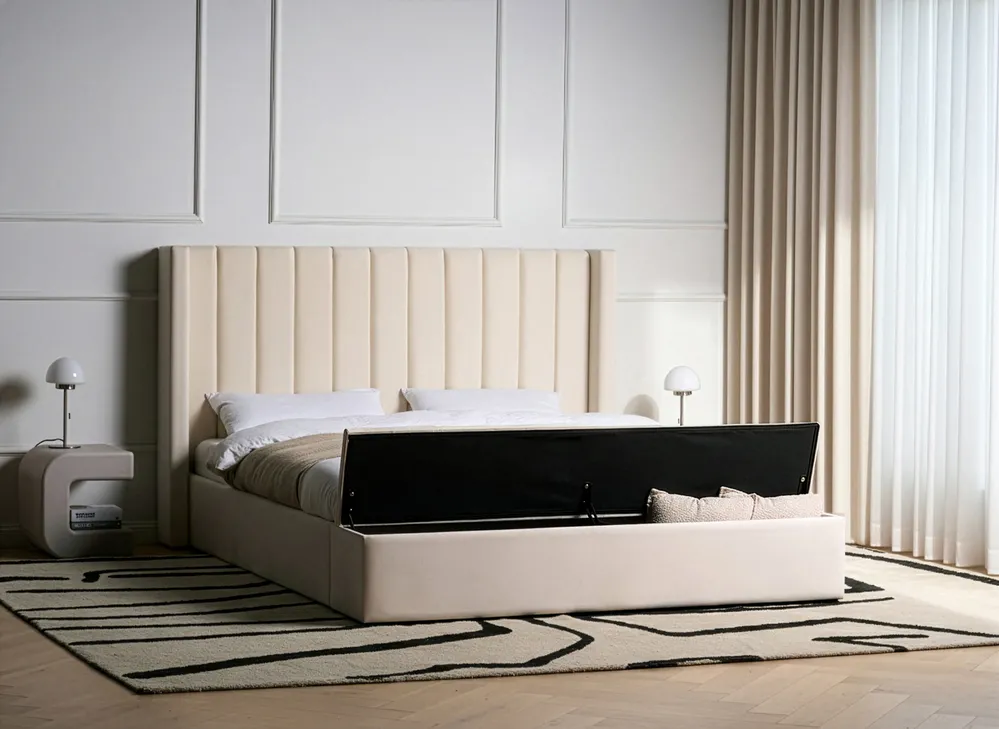 Wasserbett mit Stauraumbank NOYERS Samtstoff Cremeweiß 180 x 200 cm_1036843