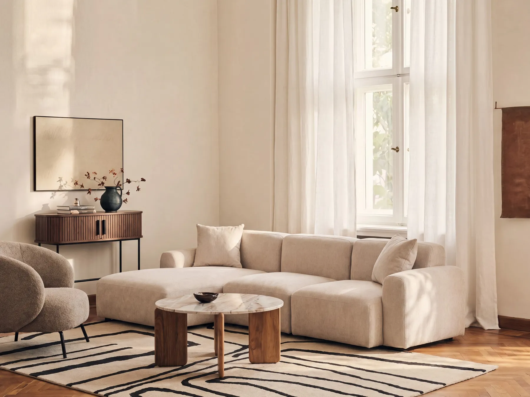 Modular Corner Sofa 3 Seater HEDE Fabric Light Beige Right Hand_1092095