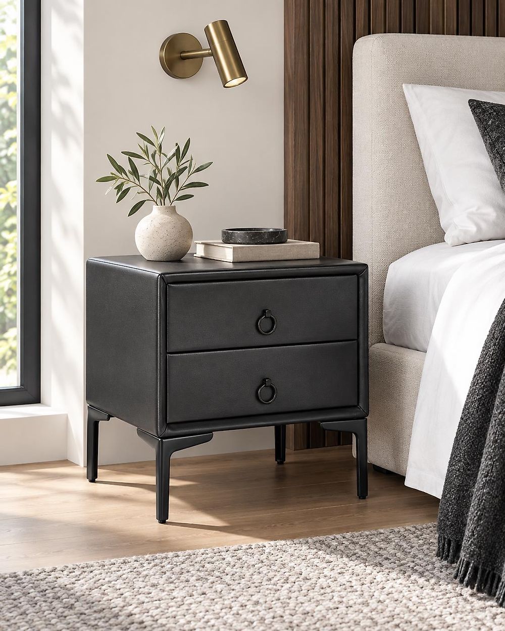 2 Drawer Bedside Table SEZANNE Faux Leather Black
