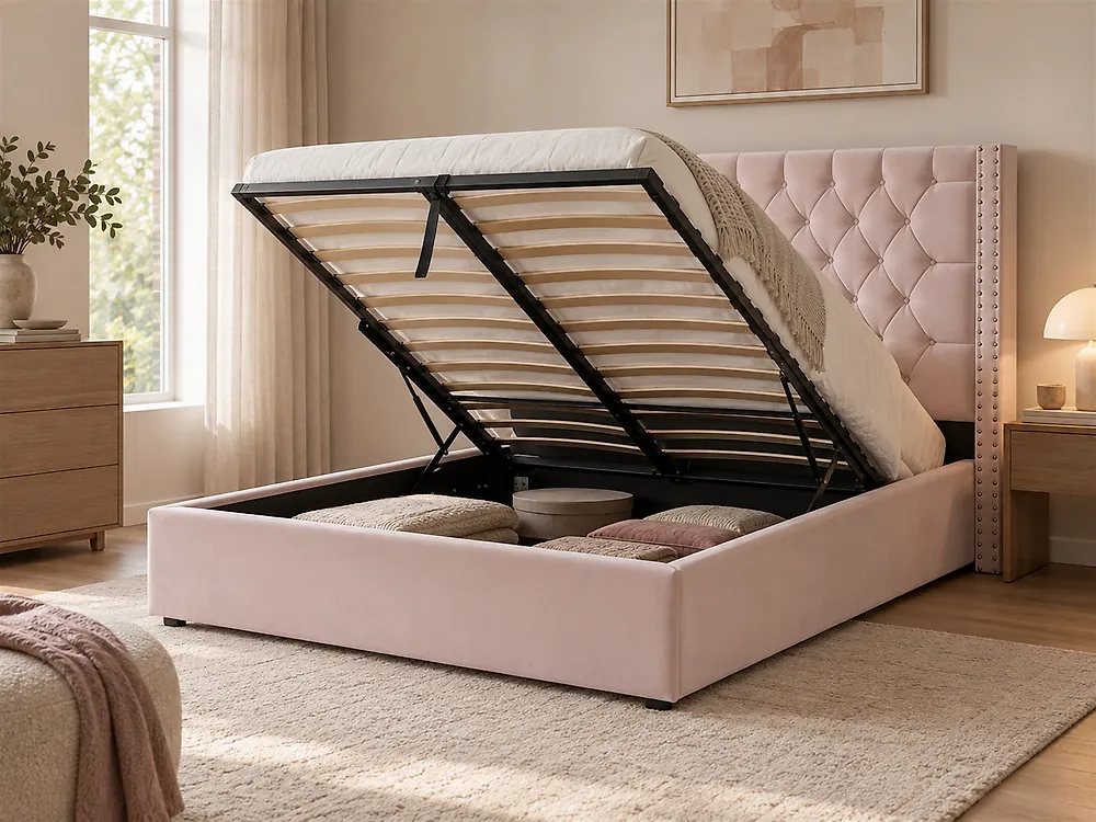 Bett mit Stauraum LUBBON Samtstoff Pastellrosa 140 x 200 cm