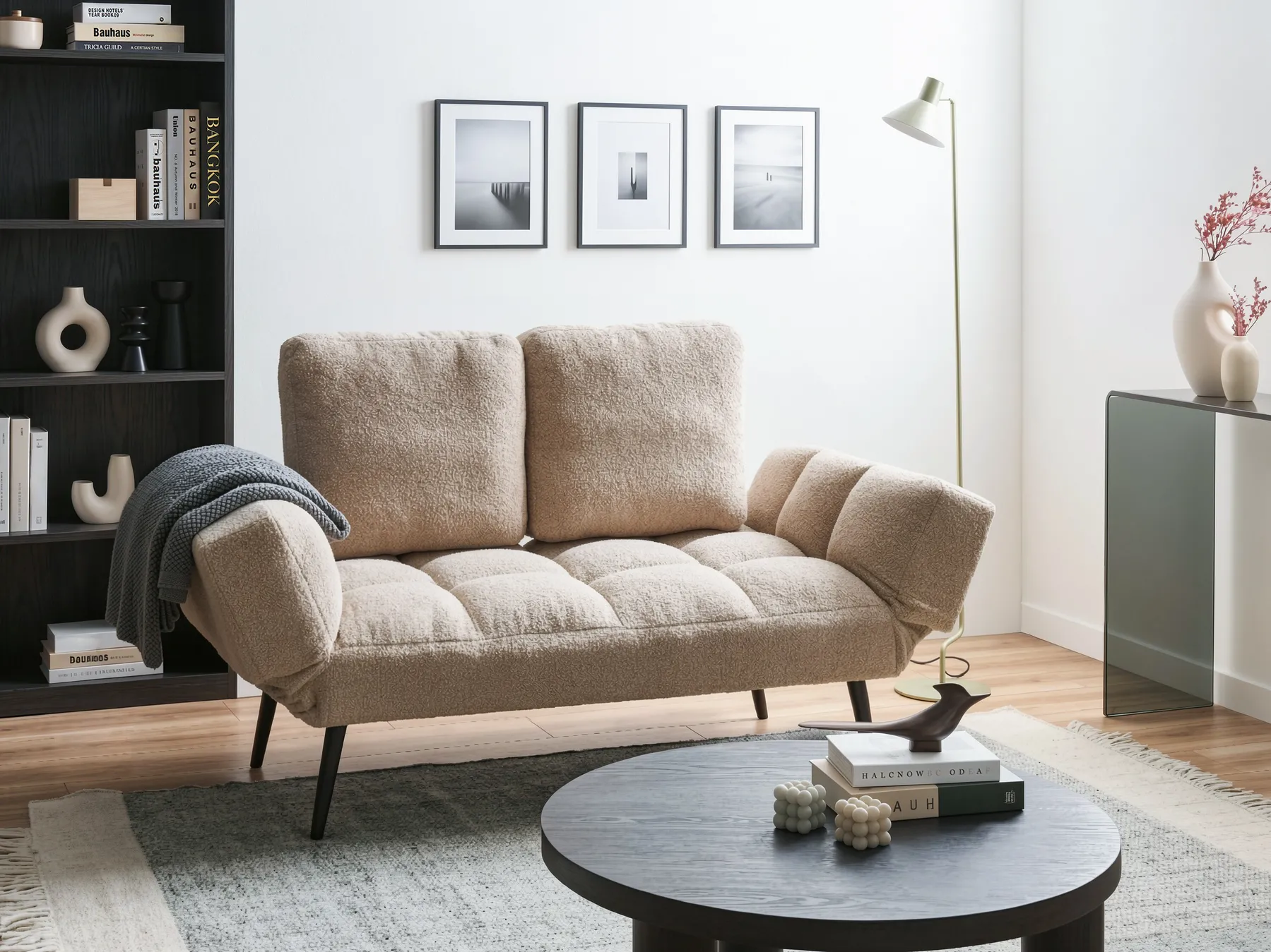 Sofa Bed 2 Seater BREKKE Boucle Beige_1068028