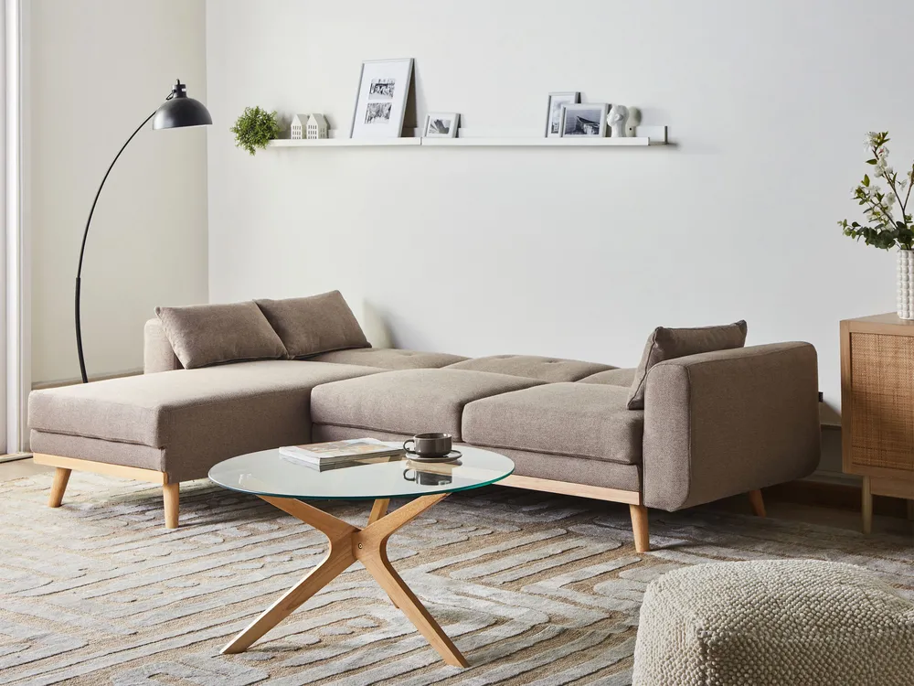 Eckschlafsofa 3-Sitzer KAARINA Stoff Hellbraun rechtsseitig_1100027
