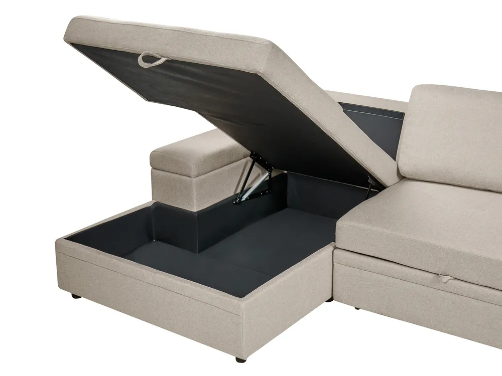 Eckschlafsofa 3-Sitzer HRISEY mit Stauraum Kunstleinen Beige rechtsseitig_1033402