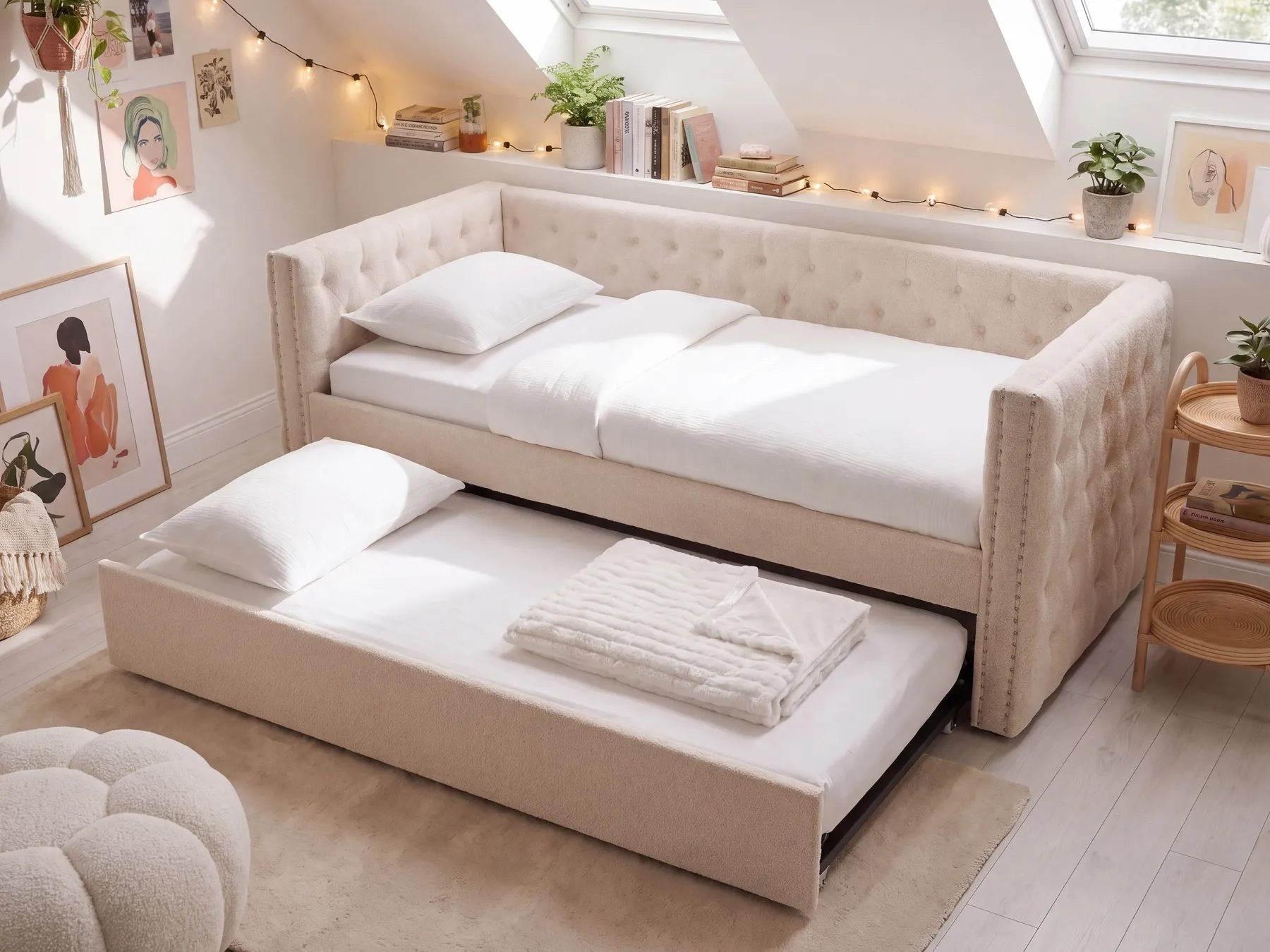Ausziehbett Bouclé GASSIN 90 x 200 cm Hellbeige_1118920